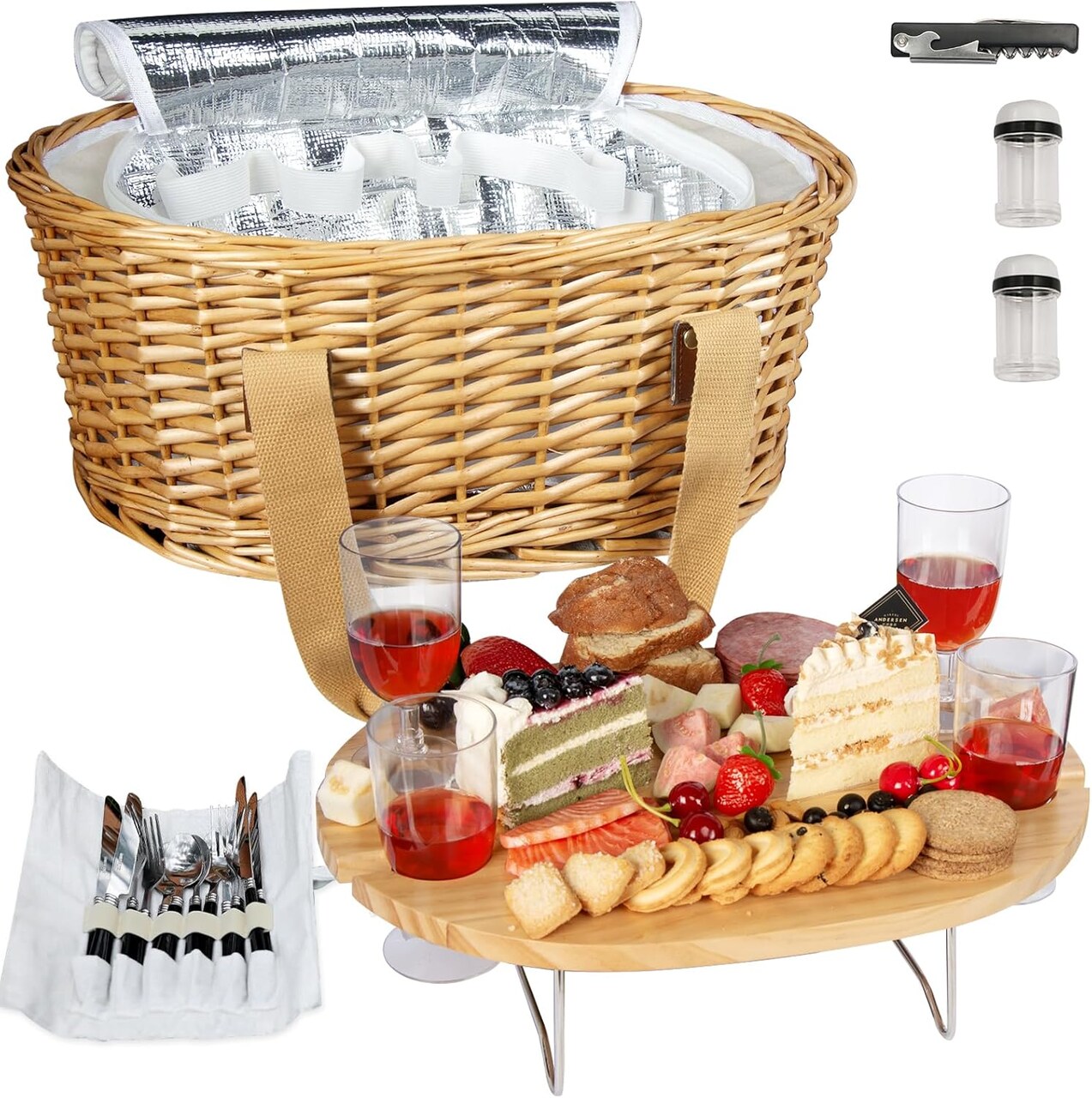 Wicker Picnic Basket Set for 4 with Mini Folding Wine Picnic Table & Large Insulated Cooler Bag & Cutlery Service Kits for 4 Person, Couples Gifts, Wedding Gifts (Y2209-4-CM)